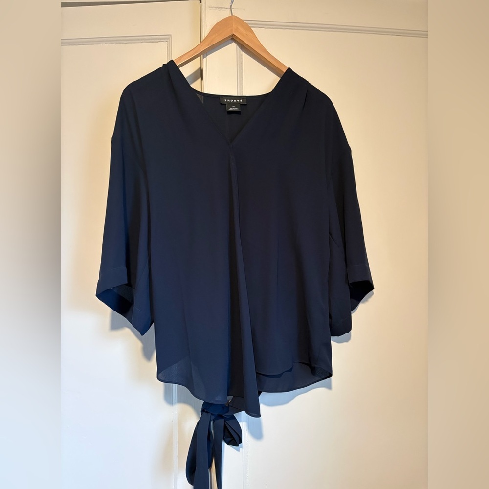 Nordstrom Trouvé Navy Silky Wrap Blouse - Picture 2 of 4